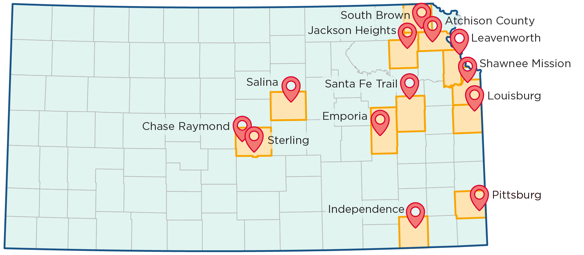 Map of Kansas counties highlighting cadre county locations